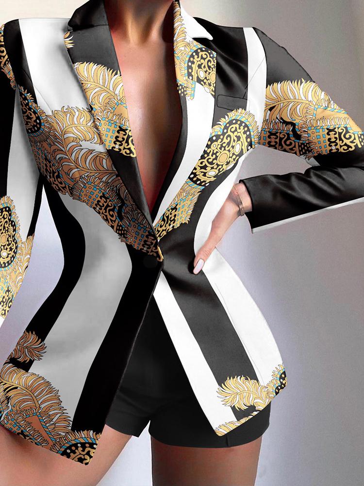 Fashion Print Lapel Button Long Sleeve Blazer