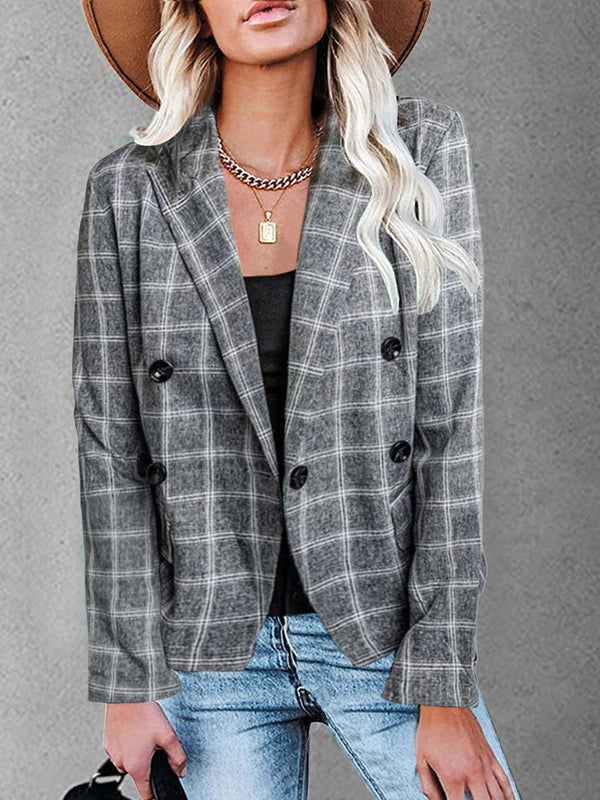 Women's Blazers Plaid Print Lapel Button Casual Blazer