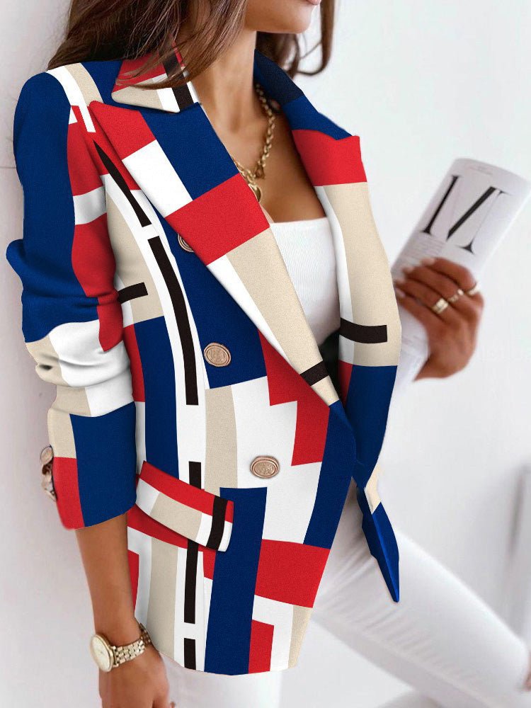 Women's Blazers Printed Lapel Double Breasted Long Sleeve Blazer