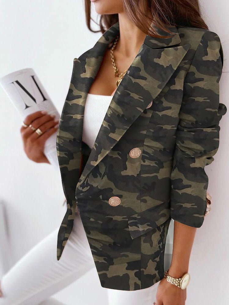 Women's Blazers Printed Lapel Double Breasted Long Sleeve Blazer