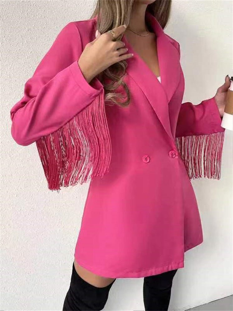 Women's Blazers Solid Lapel Button Fringe Long Sleeve Blazer