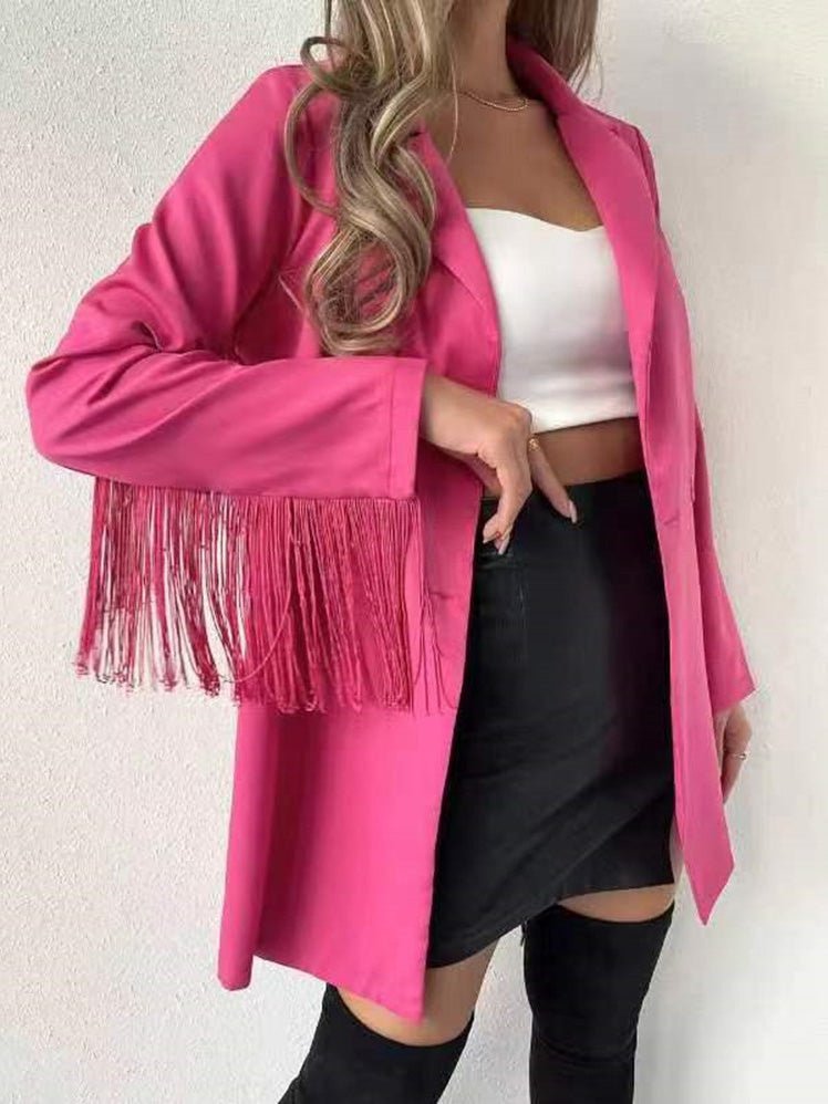 Women's Blazers Solid Lapel Button Fringe Long Sleeve Blazer