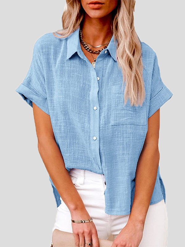 Women's Blouses Casual Solid Lapel Button Short Sleeve Blouse