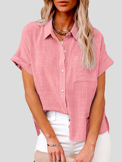 Women's Blouses Casual Solid Lapel Button Short Sleeve Blouse