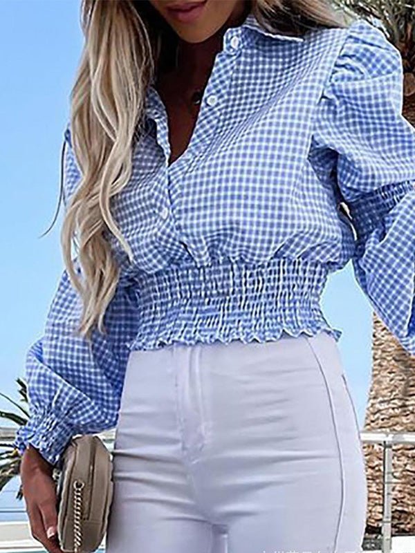 Women's Blouses Check Print Button Elastic Waist Long Sleeves Blouse