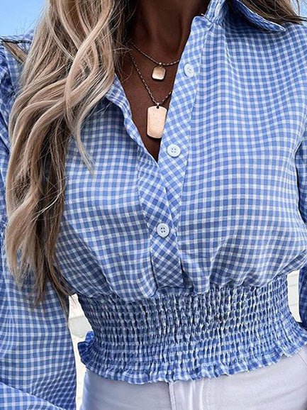 Women's Blouses Check Print Button Elastic Waist Long Sleeves Blouse