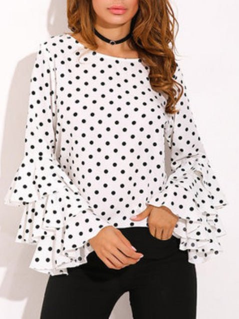 Women's Blouses Dot Print Flared Sleeve Chiffon Blouse