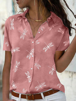 Women's Blouses Dragonfly Lapel Button Short Sleeve Blouse