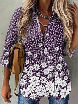 Women's Blouses Floral Lapel Button Long Sleeve Blouse