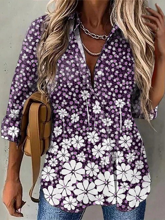 Women's Blouses Floral Lapel Button Long Sleeve Blouse