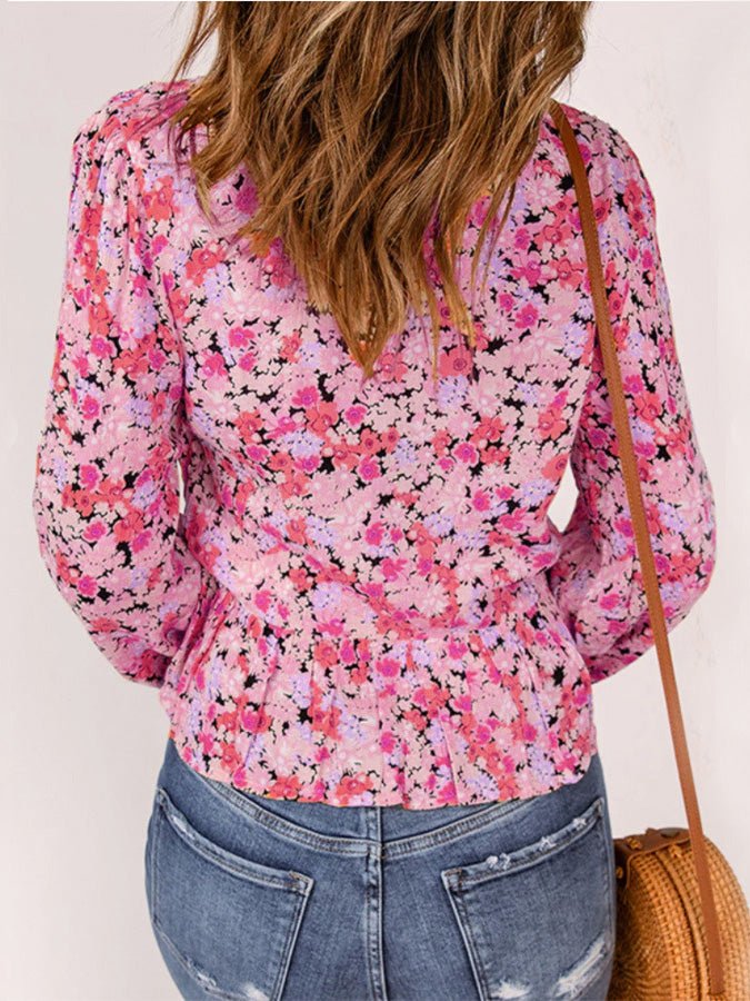 Women's Blouses Floral Print V-Neck Long Sleeve Blouse