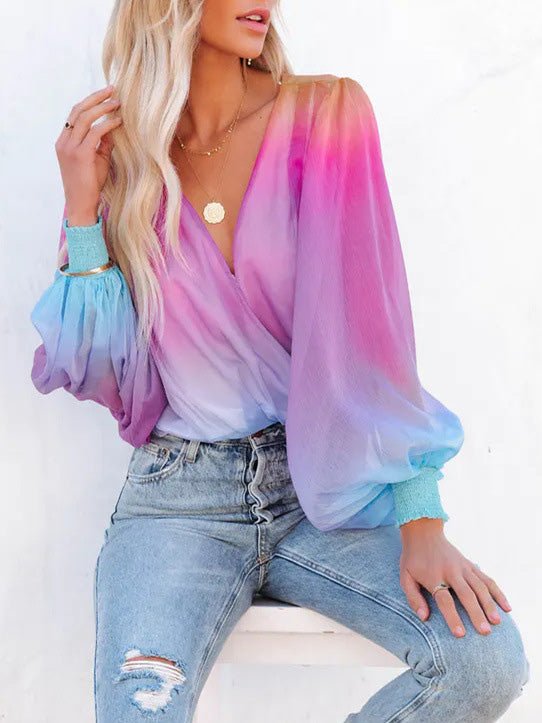 Women's Blouses Gradient Sheer V-Neck Long Sleeve Blouse