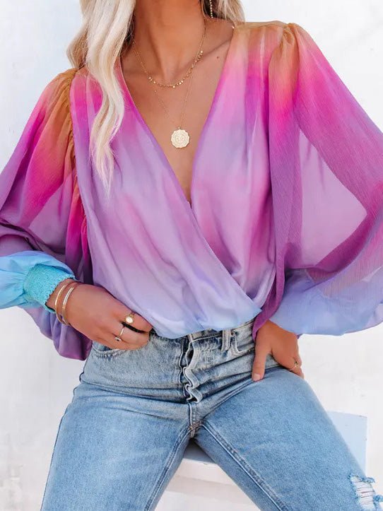 Women's Blouses Gradient Sheer V-Neck Long Sleeve Blouse