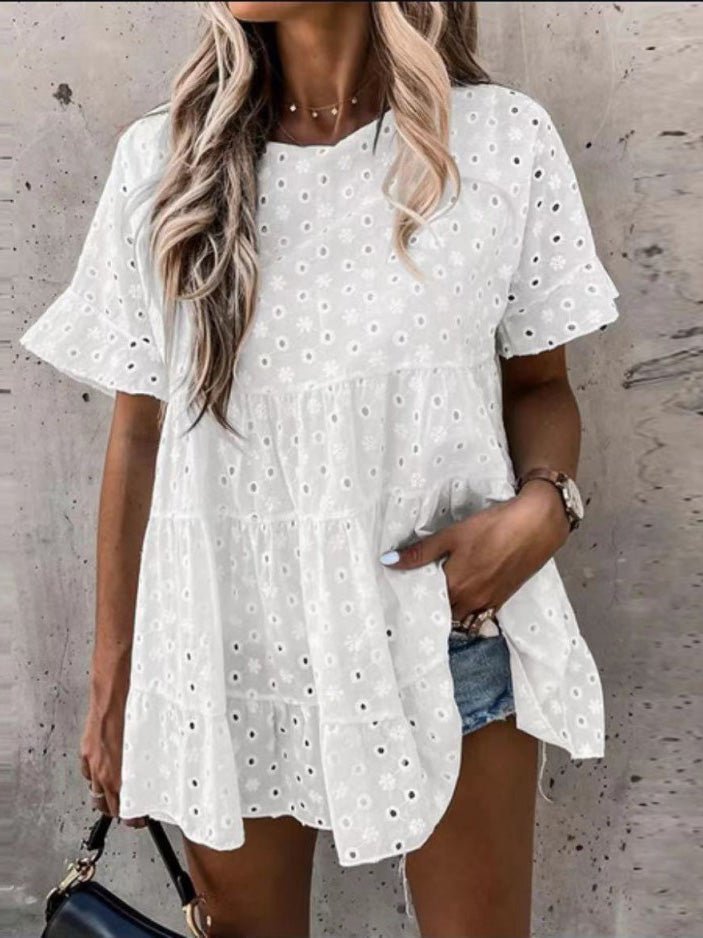 Women's Blouses Hollow Jacquard Crew Neck Short Sleeve Blouse