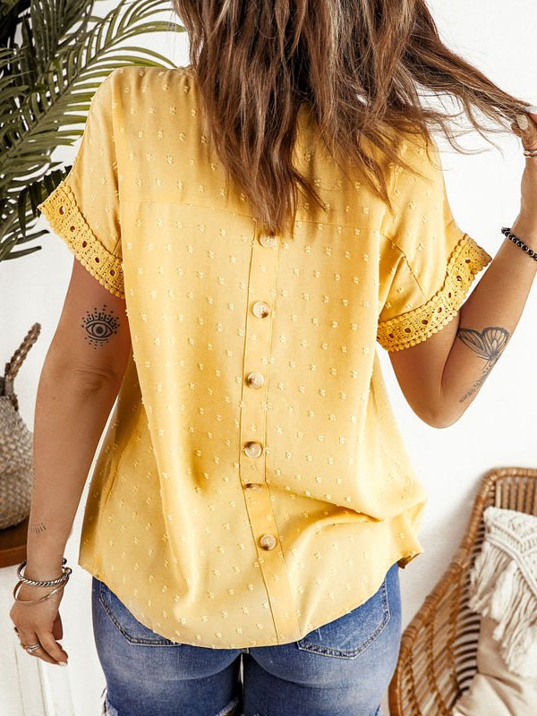 Women's Blouses Jacquard Polka Dot Crew Neck Lace Short Sleeve Blouse