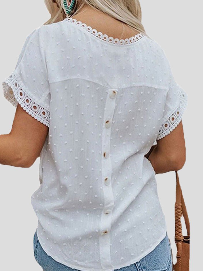 Women's Blouses Jacquard Polka Dot Crew Neck Lace Short Sleeve Blouse