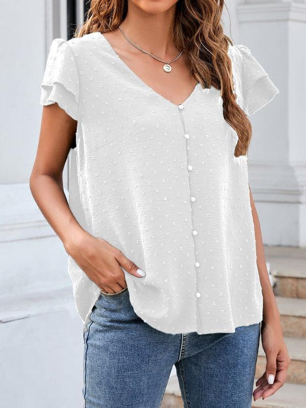 Women's Blouses Jacquard V-Neck Buttoned Ruffle Short Sleeve Chiffon Blouse