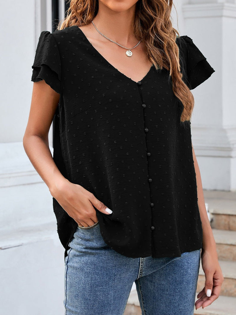 Women's Blouses Jacquard V-Neck Buttoned Ruffle Short Sleeve Chiffon Blouse