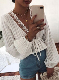 Women's Blouses Lace Elastic Waist Tie Balloon Sleeves Blouse