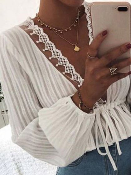 Women's Blouses Lace Elastic Waist Tie Balloon Sleeves Blouse