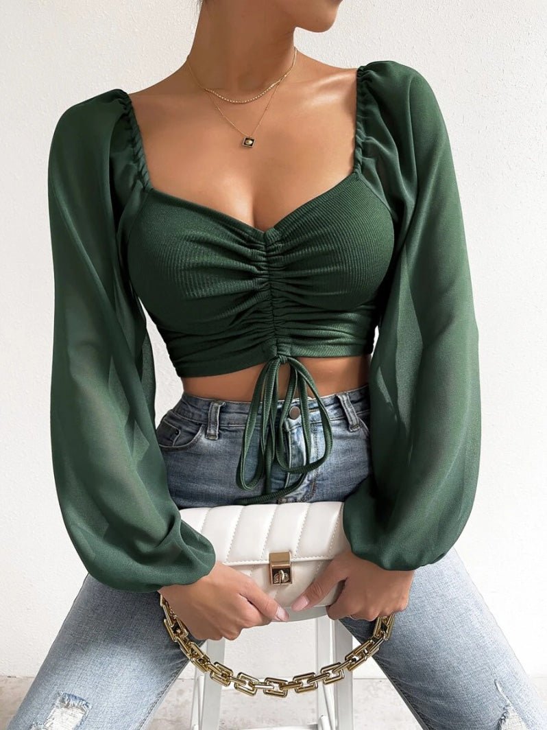 Women's Blouses Lapel Drawstring Crop Long Sleeve Blouse