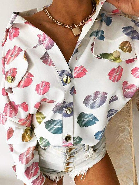 Women's Blouses Lip Print Lapel Button Blouse