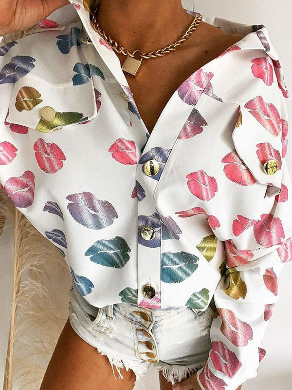 Women's Blouses Lip Print Lapel Button Blouse