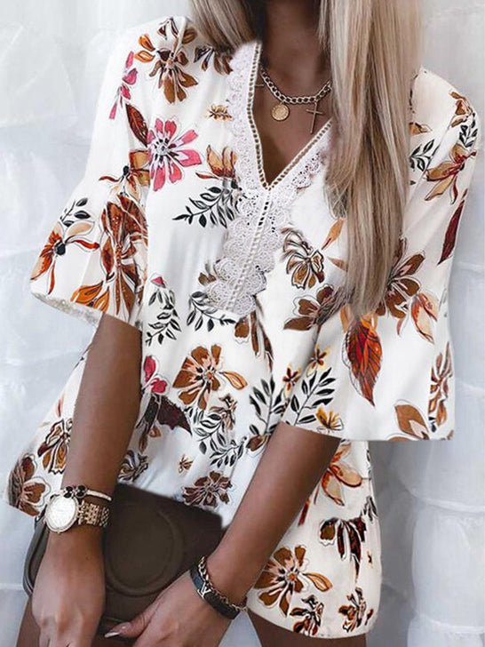 Women's Blouses Loose Print V-Neck Lace Blouse