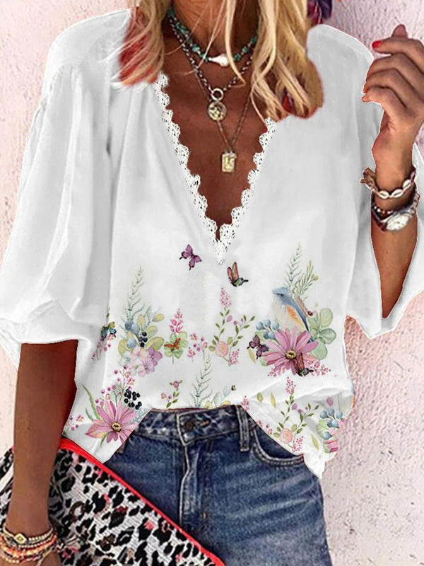 Women's Blouses Loose Print V-Neck Lace Mid Sleeve Blouse