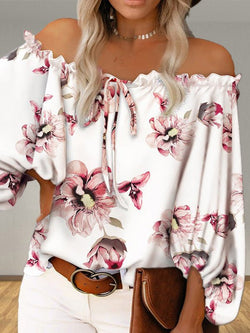 Women's Blouses One Word Collar Floral Print Long Sleeve Blouse