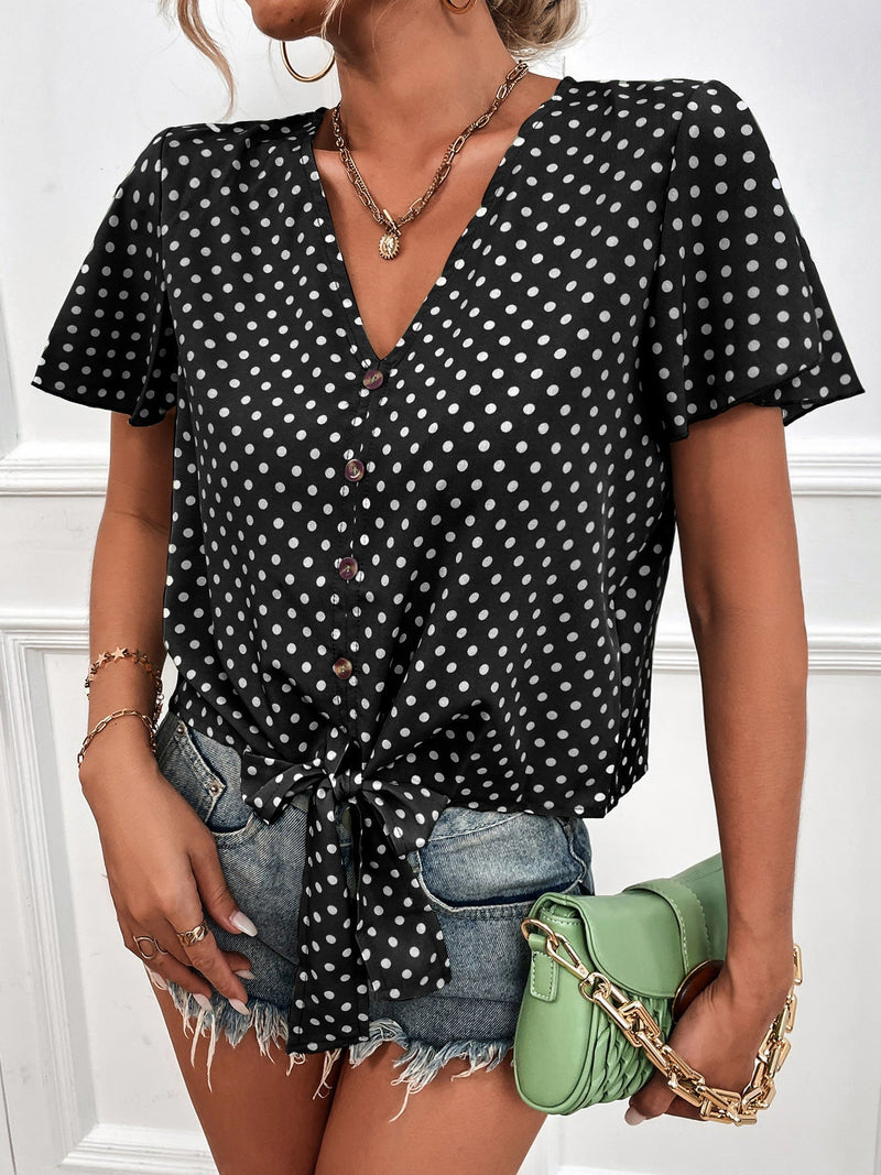 Women's Blouses Polka Dot V-Neck Belted Button Short Sleeve Blouse