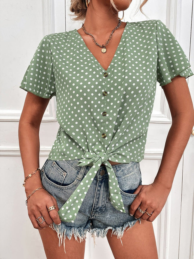 Women's Blouses Polka Dot V-Neck Belted Button Short Sleeve Blouse