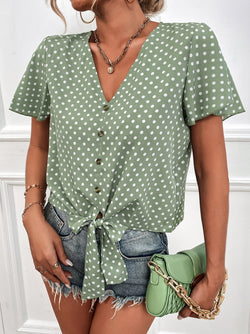 Women's Blouses Polka Dot V-Neck Belted Button Short Sleeve Blouse