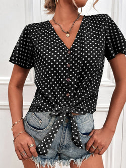 Women's Blouses Polka Dot V-Neck Belted Button Short Sleeve Blouse