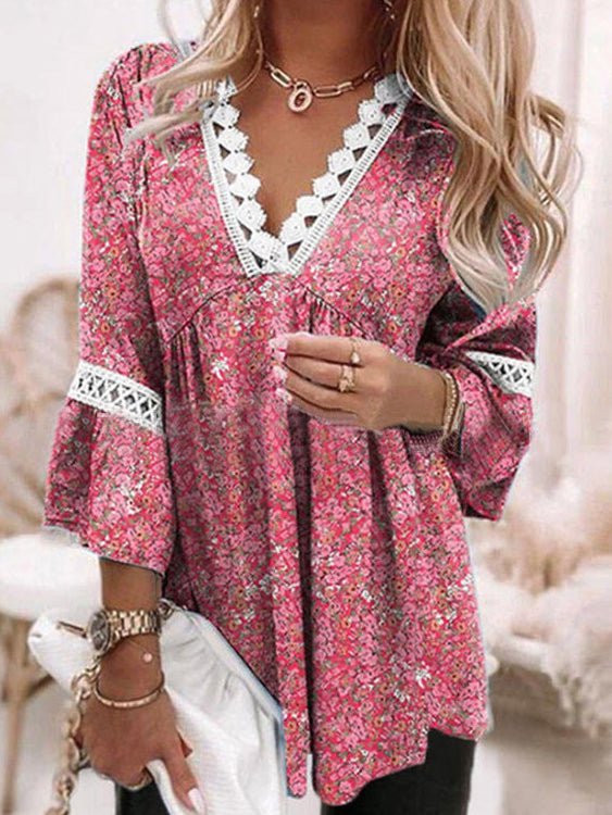 Women's Blouses Printed Lace V Neck 3/4 Sleeve Blouse