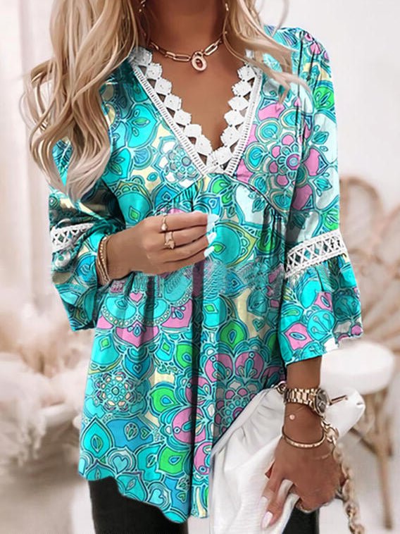 Women's Blouses Printed Lace V Neck 3/4 Sleeve Blouse