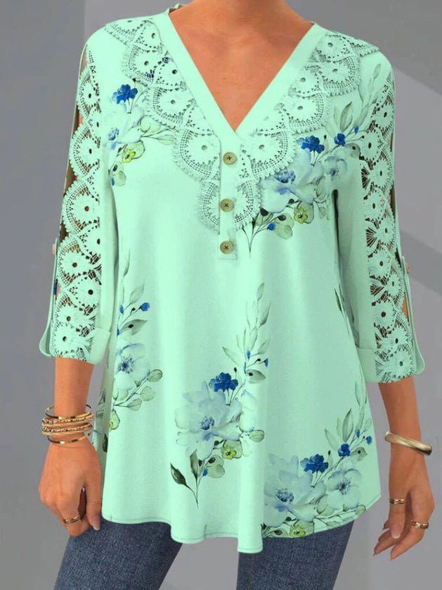 Women's Blouses Printed Lace V-Neck 3/4 Sleeves Blouse