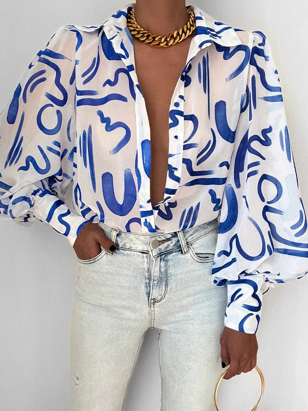 Women's Blouses Printed Lapel Balloon Sleeve Blouse