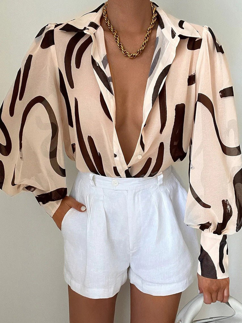 Women's Blouses Printed Lapel Balloon Sleeve Blouse