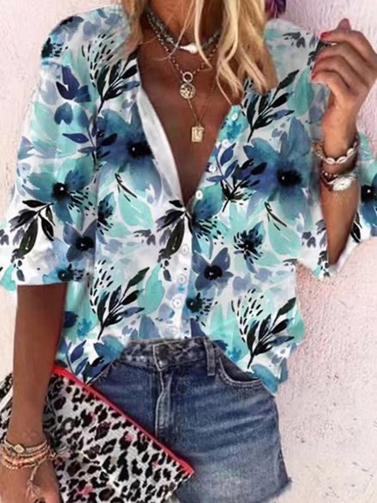 Women's Blouses Printed Lapel Button Casual Blouse