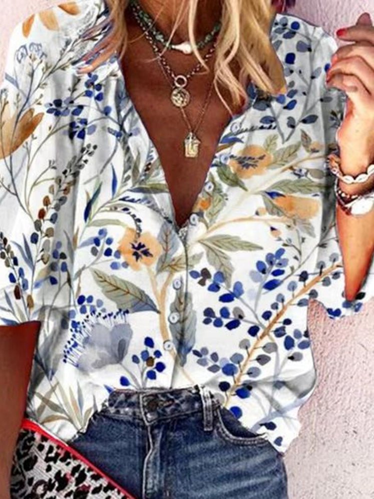 Women's Blouses Printed Lapel Button Casual Blouse