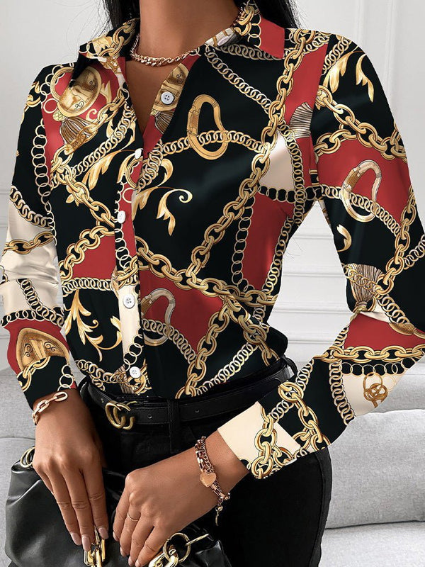 Women's Blouses Printed Lapel Button Long Sleeve Blouse