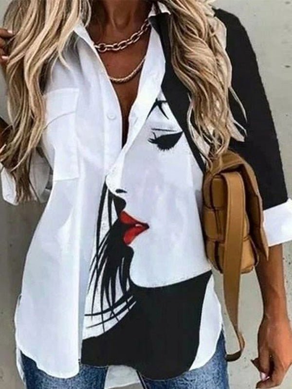 Women's Blouses Printed Lapel Button Long Sleeve Blouse