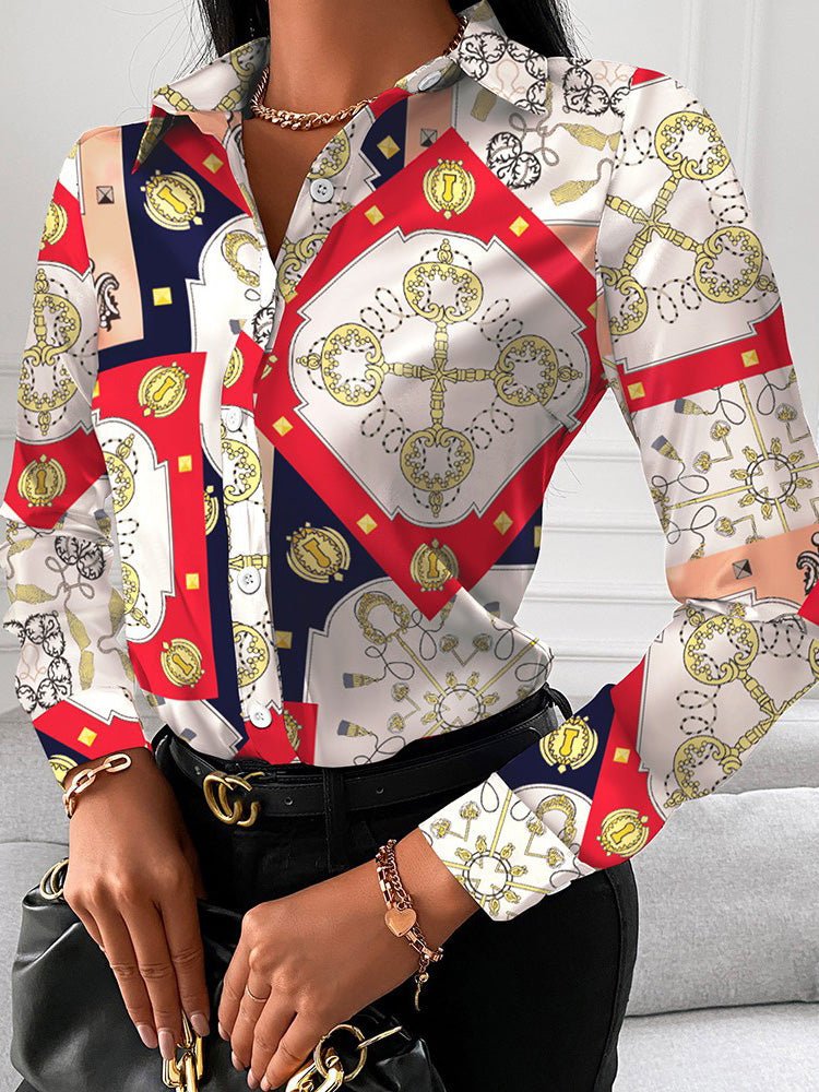 Women's Blouses Printed Lapel Button Long Sleeve Blouse