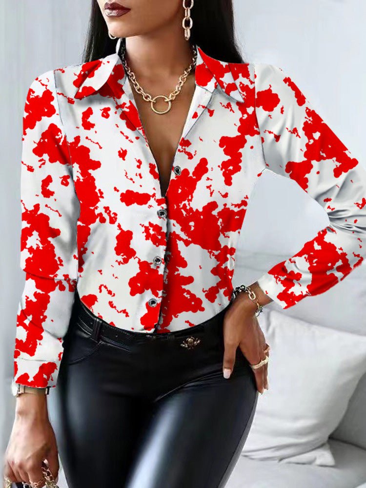 Women's Blouses Printed Lapel Button Long Sleeve Blouse