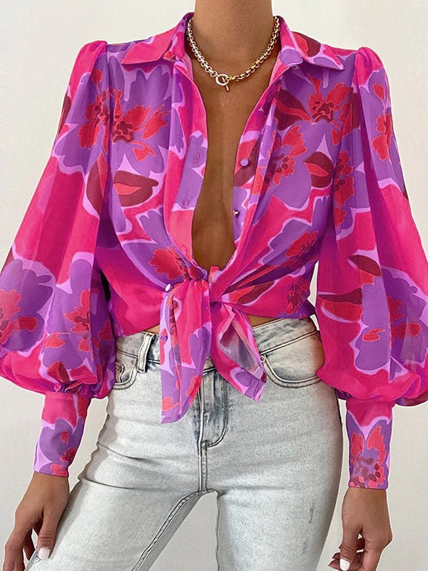 Women's Blouses Printed Lapel Puff Long Sleeve Blouse