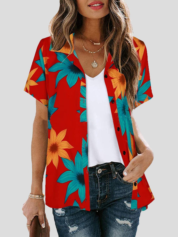 Women's Blouses Printed Lapel Short Sleeve Blouse