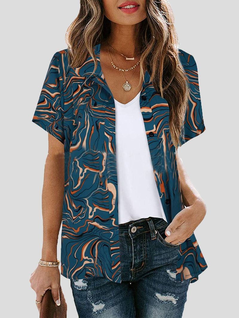 Women's Blouses Printed Lapel Short Sleeve Blouse