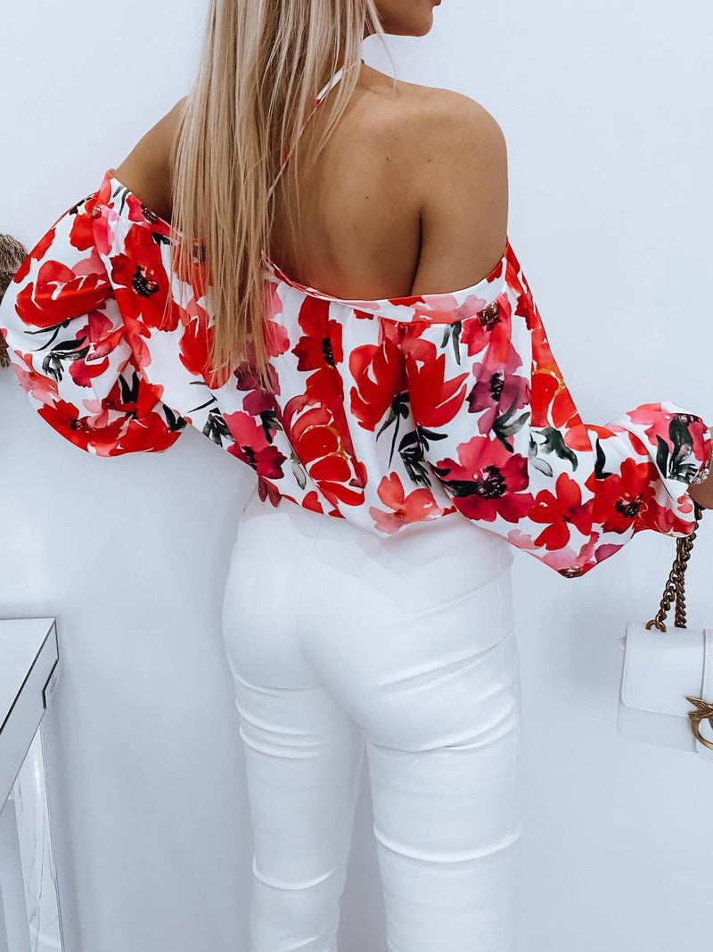 Women's Blouses Printed One-Shoulder Long Sleeve Blouse