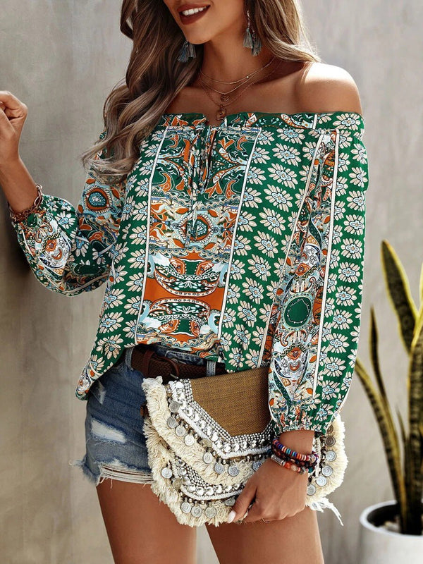 Women's Blouses Printed One-Shoulder Long Sleeve Blouse